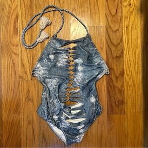 Despi Washed Denim Blue Cutout Swimsuit with Tassles Size S NWOT